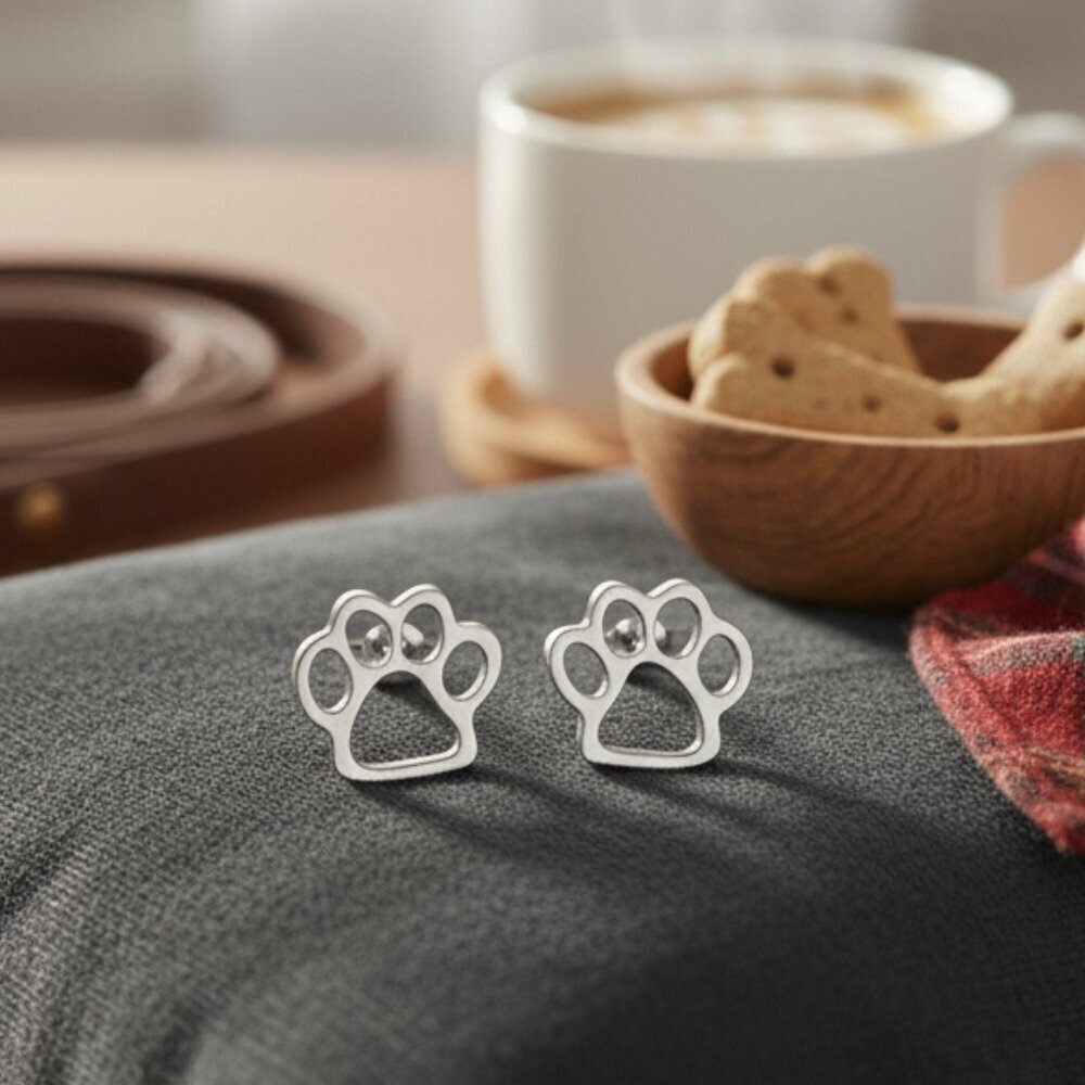 Silver Tone Paw Print Stud Earrings Stainless Steel Hypoallergenic Dog Cat